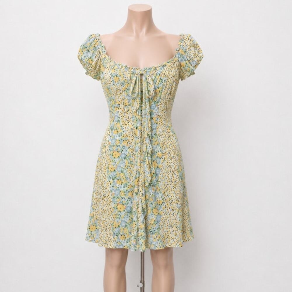 Topshop Cute Yellow Multi Color Ditsy Floral Off Shoulder Mini Puff Sleeve 4